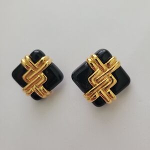 Vintage 80s 90s Avon Black Lucite And Gold Pierced Chunky Modernist Earrings
